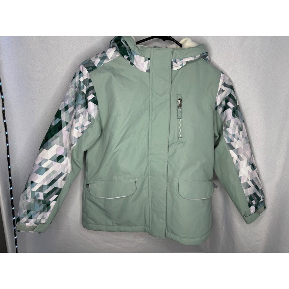 Swiss Tech Kids Sage Green Geometric Print Hooded Puffer Jacket Size S 6-6X